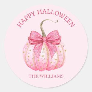 Pink Pumpkin Bow Happy Halloween Personalized Classic Round Sticker