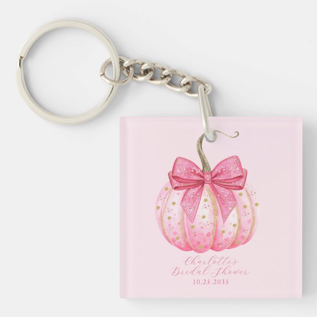 Pink Pumpkin Bow Personalized Bridal Shower Favour Keychain (Front)