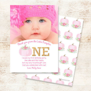 Pink Pumpkin Fall 1st Birthday Girl Thank You Card