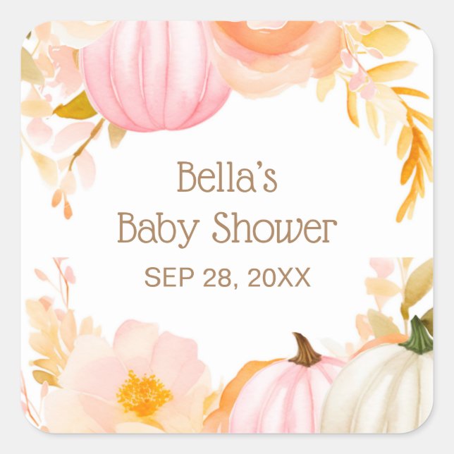 Pink Pumpkin Fall Baby Shower Square Sticker (Front)
