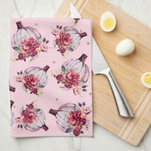 Pink pumpkin fall floral watercolor autumn pattern kitchen towel