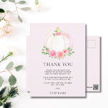 Pink Pumpkin Fall Girl's Baby Shower Thank You Postcard<br><div class="desc">Thank your family and friends for their thoughtful gifts and for attending your baby girl's shower with this pretty thank-you postcard.
It is decorated with a lovely watercolor of a pink pumpkin,  roses,  and green foliage on a soft pink background.
Easily customized.
Original Watercolor © Michele Davies.</div>