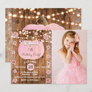 Pink Pumpkin Fall Rustic ANY AGE Birthday Photo Invitation