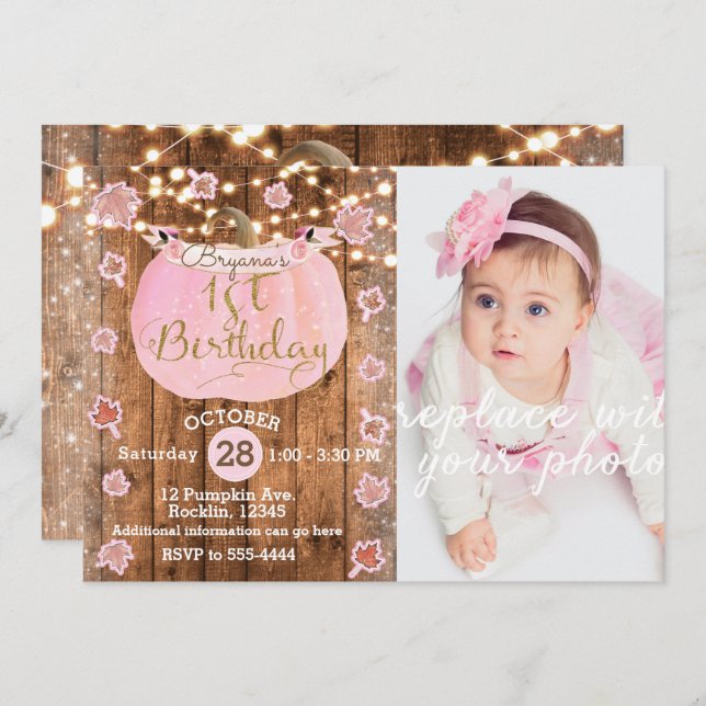 Pink Pumpkin Fall Rustic Lights 1st Birthday Photo Invitation (Front/Back)