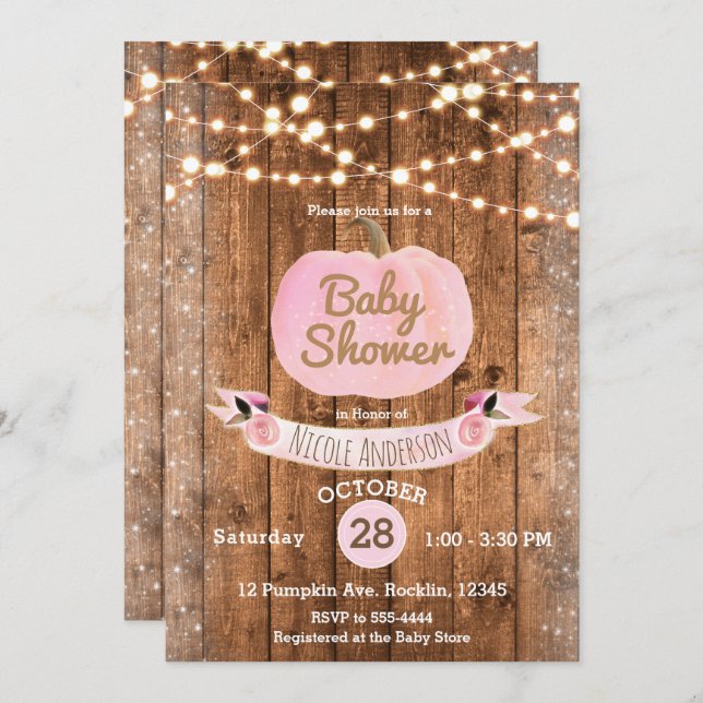 Pink Pumpkin Fall Rustic Wood Lights Baby Shower Invitation (Front/Back)