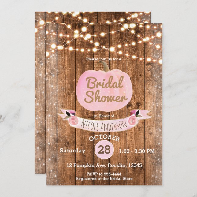 Pink Pumpkin Fall Rustic Wood Lights Bridal Shower Invitation (Front/Back)