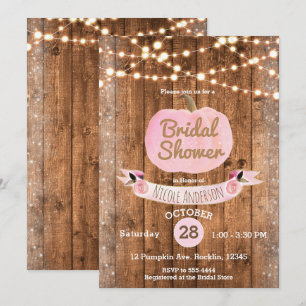 Pink Pumpkin Fall Rustic Wood Lights Bridal Shower Invitation
