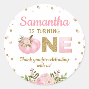 Pink Pumpkin First 1st Birthday Favours Floral Classic Round Sticker