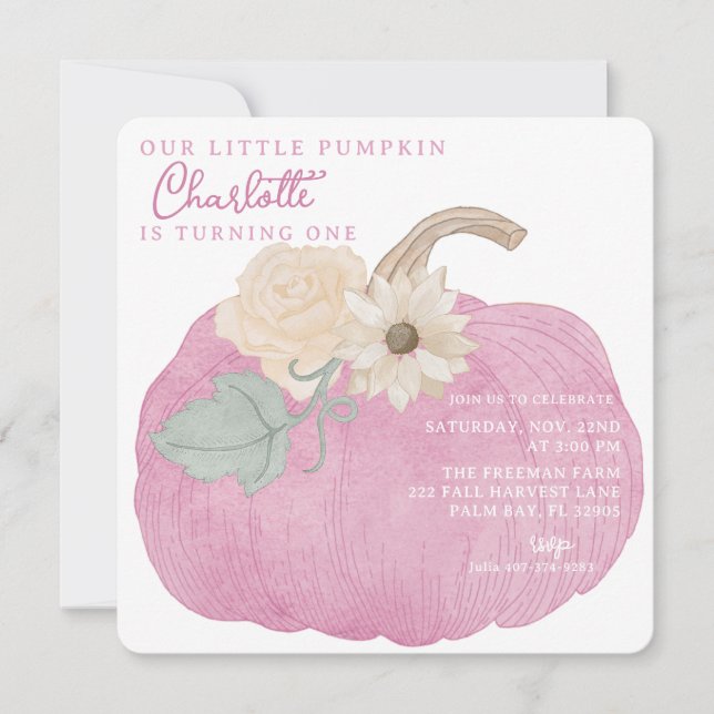 Pink Pumpkin First Birthday Invitation (Front)
