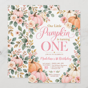 Pink Pumpkin Floral Fall Birthday Invitation