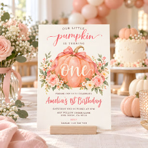 Pink Pumpkin Floral First Birthday Invitation