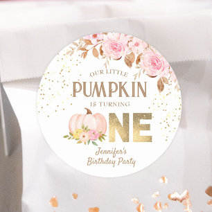 Pink Pumpkin Floral Girl 1st Birthday Classic Round Sticker