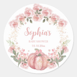 pink Pumpkin Floral Girl Baby Shower Classic Round Sticker