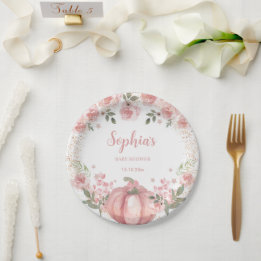 pink Pumpkin Floral Girl Baby Shower Paper Plate