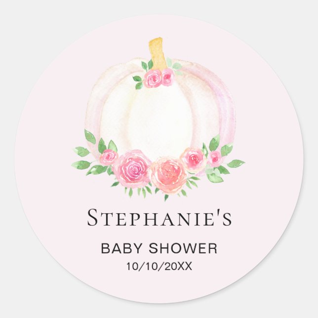 Pink Pumpkin Floral Girls Fall Baby Shower Classic Round Sticker (Front)