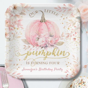 Pink Pumpkin Floral Gold Glitter Girl 4th Birthday Paper Plate