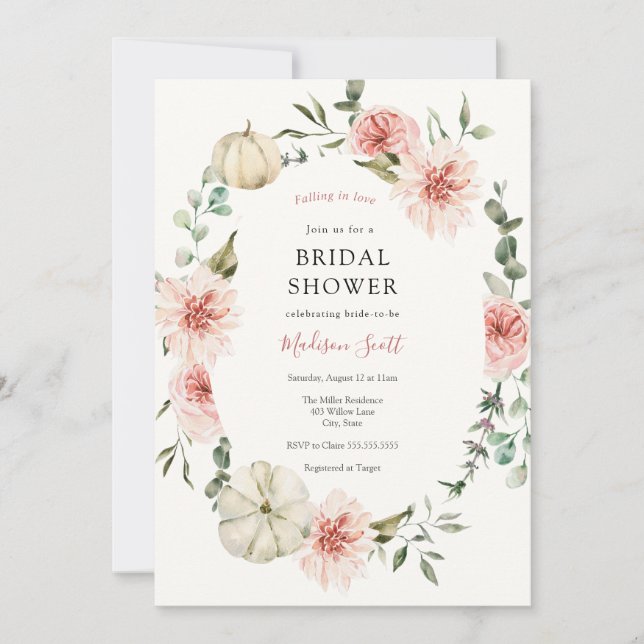 Pink Pumpkin Florals and Greenery Bridal Shower Invitation (Front)