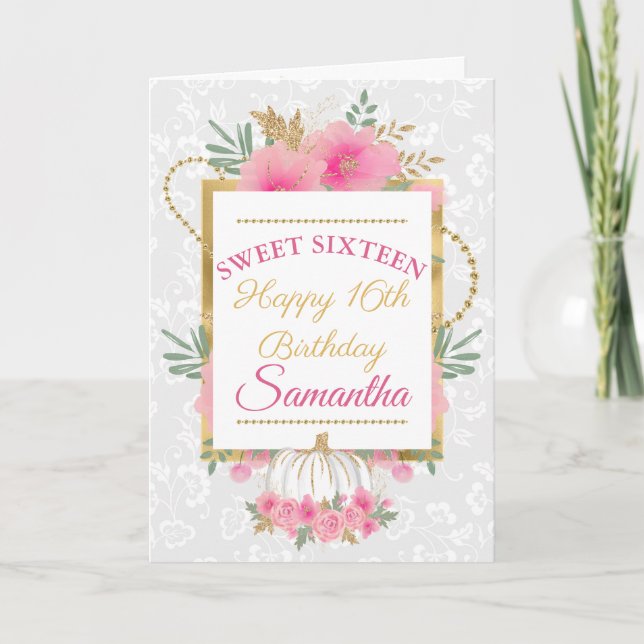 Pink Pumpkin Flowers Gold Foil Sweet 16 Birthday Card (Front)