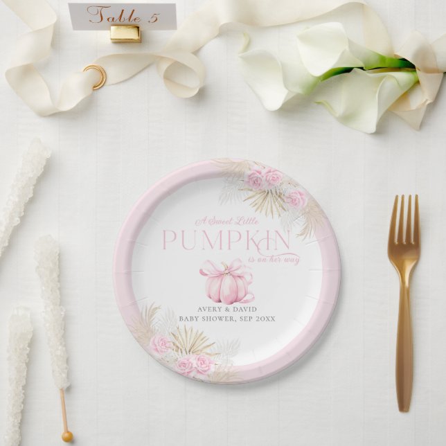 Pink Pumpkin Girl Floral Bow Baby Shower  Paper Plate (Wedding)
