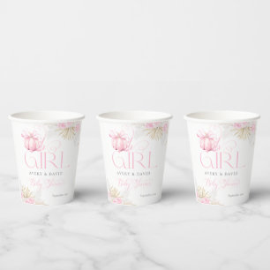 Pink Pumpkin Girl Floral Bow Baby Shower Welcome Paper Cups