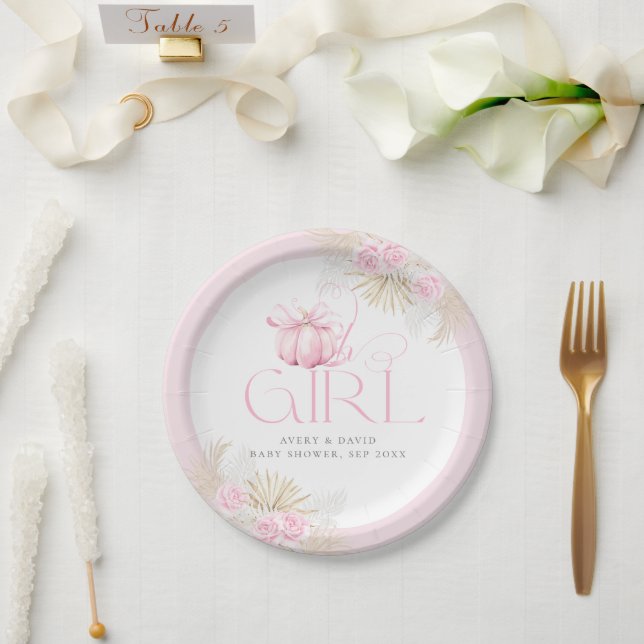 Pink Pumpkin Girl Floral Bow Baby Shower Welcome Paper Plate (Wedding)