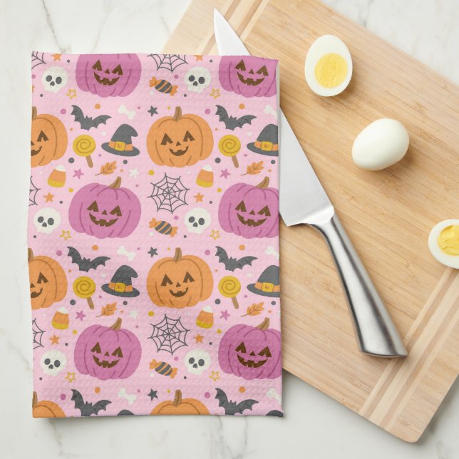 Pink Pumpkin Halloween Pattern Kitchen Towel (Quarter Fold)