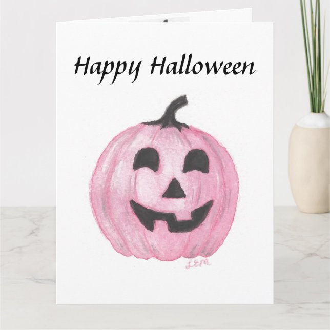 Pink pumpkin Jack O Lantern for Halloween Card (Front)