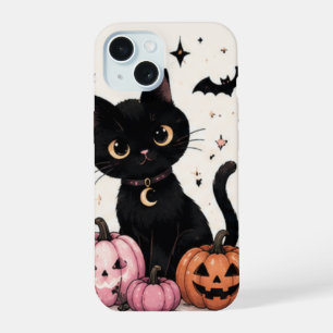 Pink Pumpkin Moon Collar Black Cat iPhone 15 Case