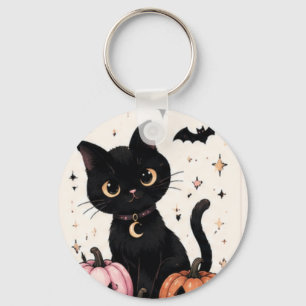 Pink Pumpkin Moon Collar Black Cat Keychain