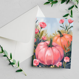 Pink Pumpkin Patch Rose Floral Watercolor Fall Holiday Card