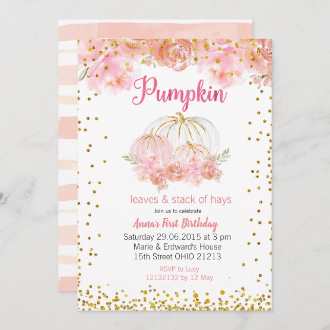 Pink pumpkin Pink gold Pumpkin 1st Birthday Invitation (Front/Back)