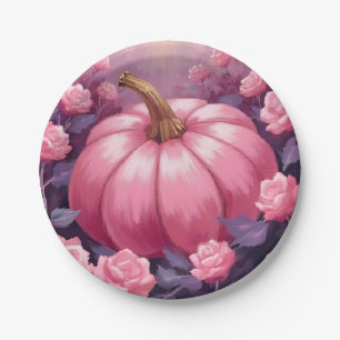 Pink Pumpkin Rose Floral Halloween Thanksgiving Paper Plate