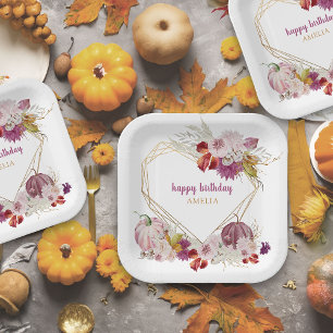 Pink Pumpkin Rustic Floral Happy Birthday Paper Plate