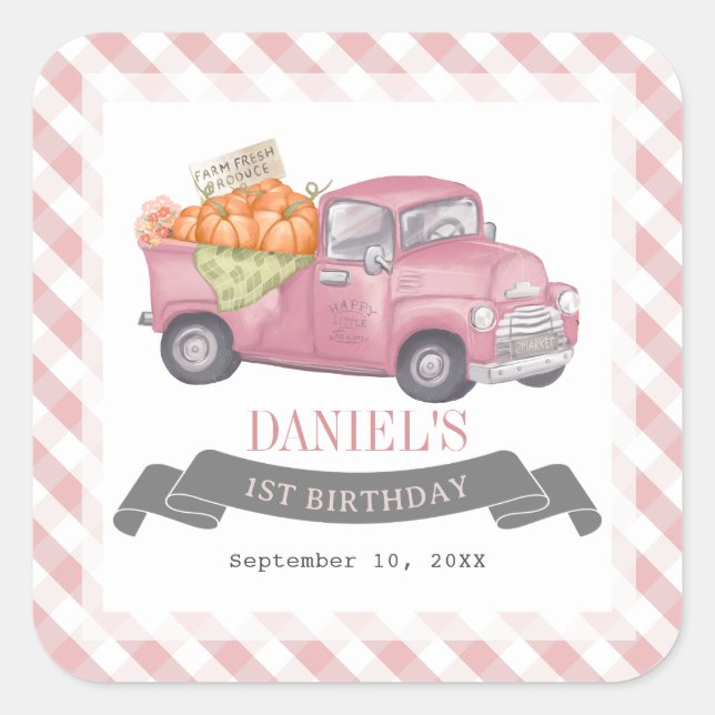 Pink Pumpkin Truck Gingham Girl 1st Birthday Square Sticker (Front)
