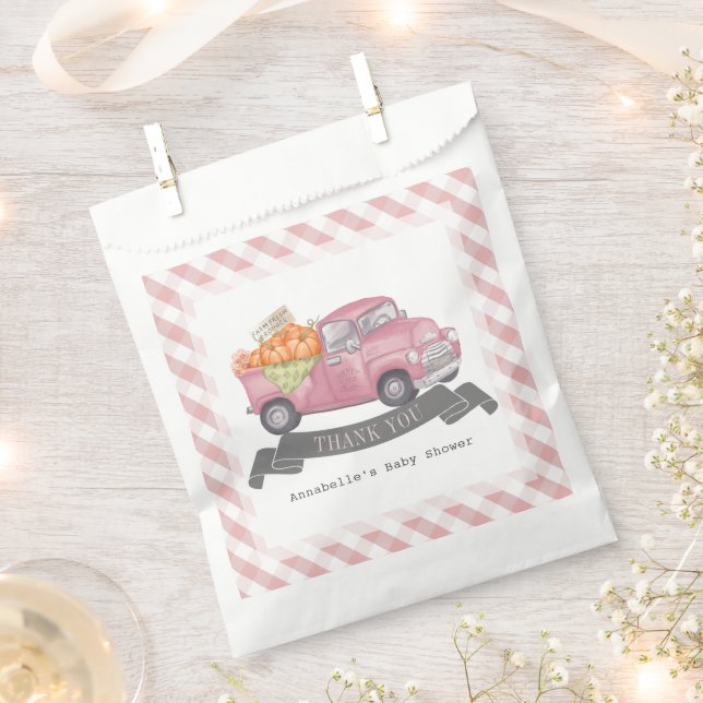 Pink Pumpkin Truck Gingham Girl Baby Shower Favour Bag (Clipped)