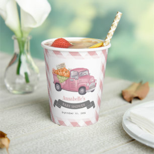 Pink Pumpkin Truck Gingham Girl Baby Shower Paper Cups
