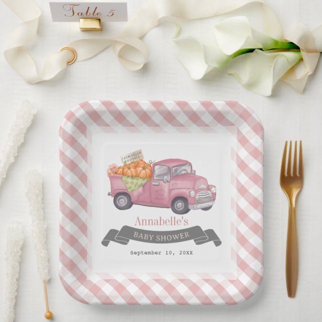 Pink Pumpkin Truck Gingham Girl Baby Shower Paper Plate (Wedding)