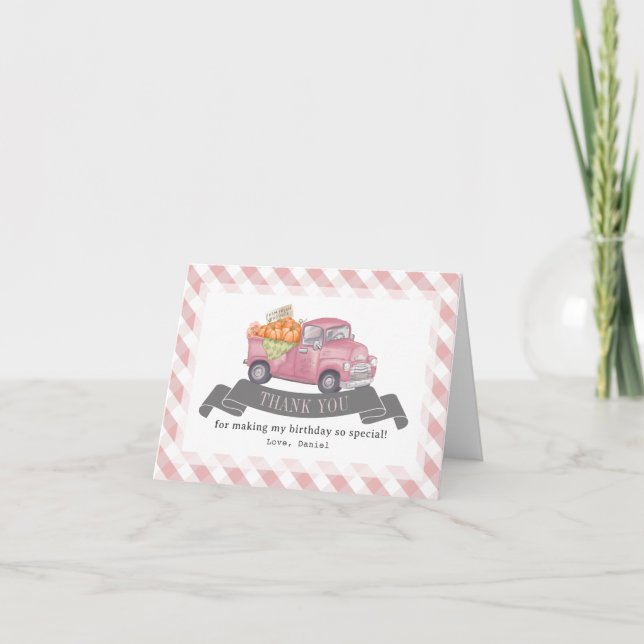 Pink Pumpkin Truck Gingham Girl Birthday Thank You Card (Front)