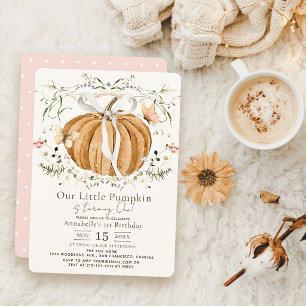 Pink Pumpkin Wildflower Butterfly 1st Birthday Invitation