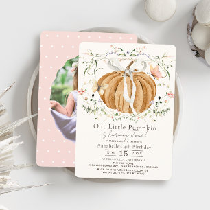Pink Pumpkin Wildflower & Butterfly Photo Birthday Invitation