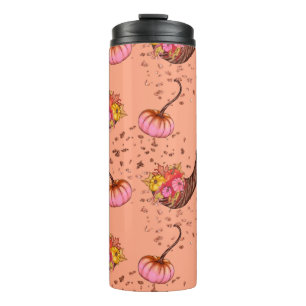 Pink Pumpkin with Autumn Leaves and Horns Thermal Tumbler