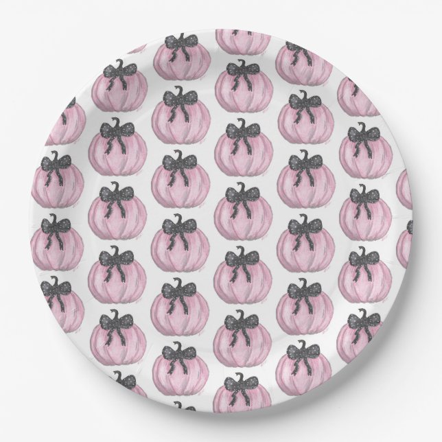 Pink Pumpkin with black bow Paper Plate (Front)