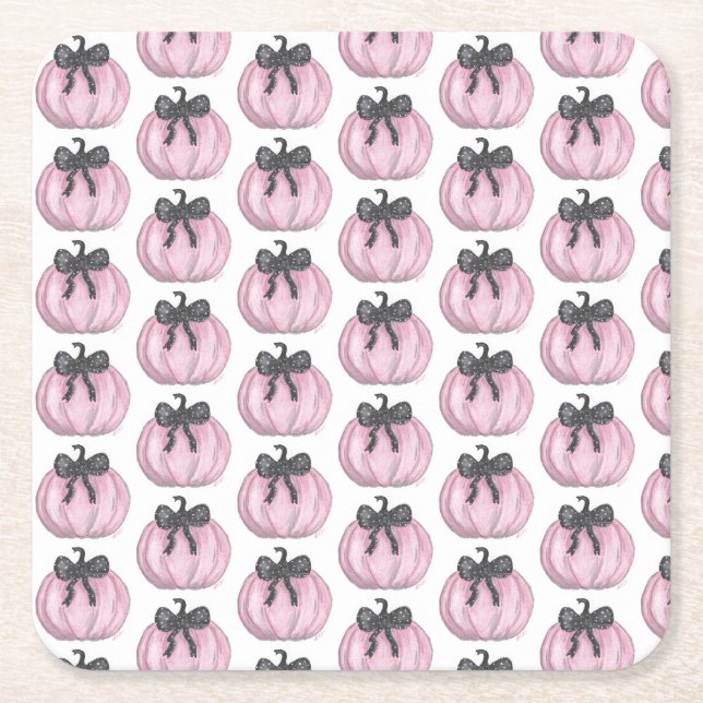 Pink Pumpkin with black bow Square Paper Coaster (Front)