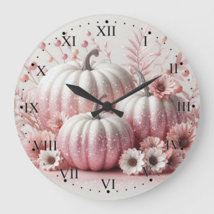 Pink Pumpkins and Flowers with Roman Numerals  Large Clock