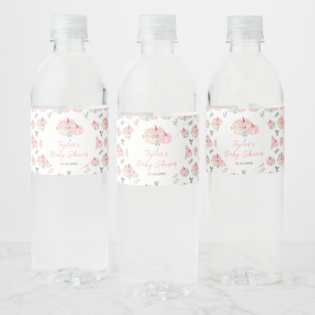 Pink Pumpkins Floral Baby Shower Water Bottle Label (Bottles)