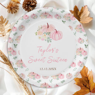 Pink Pumpkins Floral Sweet Sixteen Paper Plate