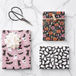 Pink Pumpkins Ghosts Skulls Halloween Patterns Wrapping Paper Sheet