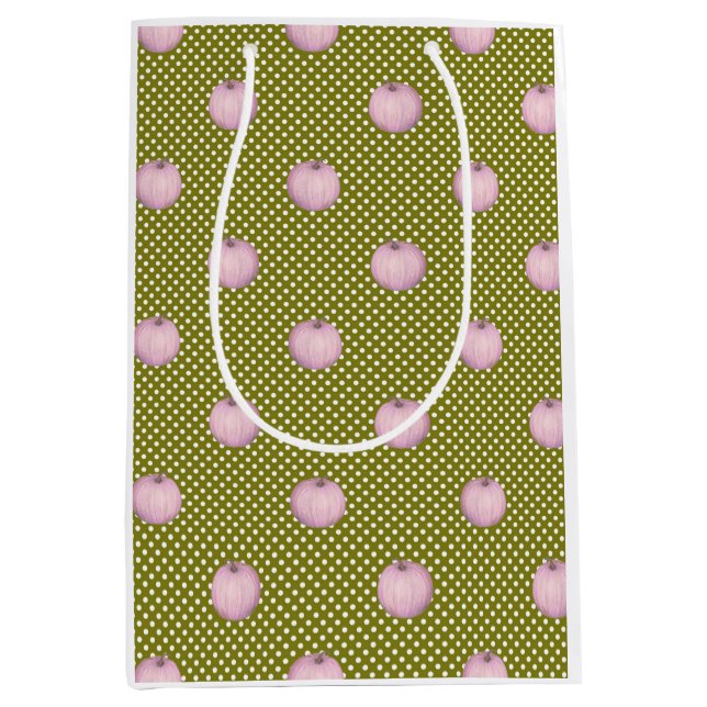 Pink Pumpkins Sage Green Cute Polka Dots Medium Gift Bag (Front)