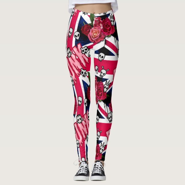 Pink Punk Grunge Union Jack with Emojis and Roses Leggings (Front)