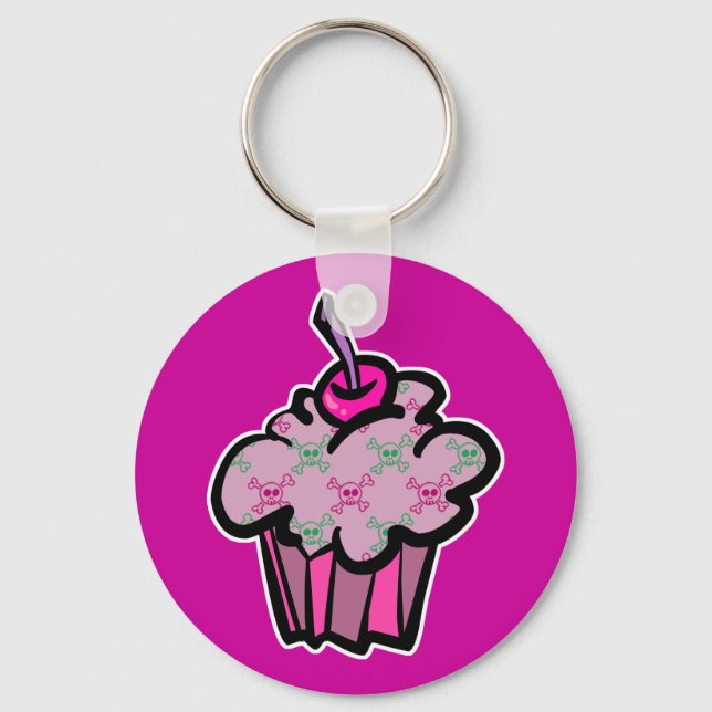 pink punk skull crossbones cupcake keychain (Front)